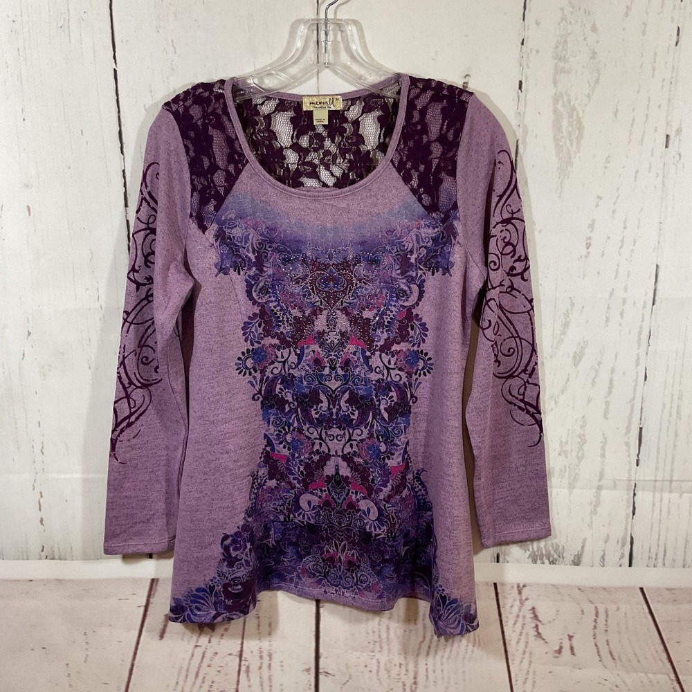 One World Tunic Top Women M Purple Knit Lace Yoke Mandala Print Boho Festival